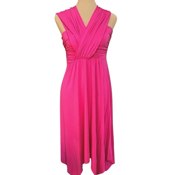 Soma Pink V Neck Ruched Bodice‎ Asymmetrical Hem Sleeveless Wrap Dress Small - Picture 1 of 10